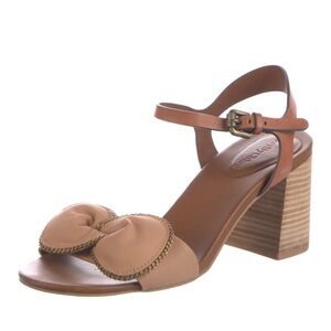 See by Chloe Leather Bow Accent Sandals 3” Stacked Heel Tan Size 39.5 EU US 9.5